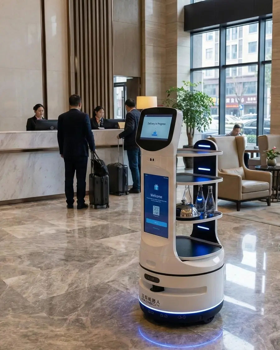 Mermer otel lobisinde su şişeleri ve servis kapağı taşıyan beyaz servis robotu, arka planda resepsiyonda bavullarıyla giriş yapan misafirler; otel robotları örneği